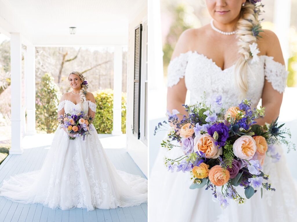 Bride and venue front porch and details of bridal bouquet | Tangled Inspired Spring Wedding at Walnut Hill | Raleigh NC Wedding Photographer