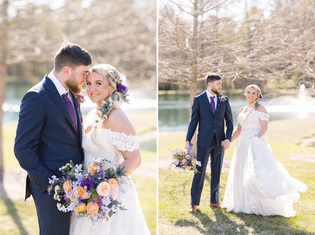 Bride and groom in front of lake | Tangled Inspired Spring Wedding at Walnut Hill | Raleigh NC Wedding Photographer