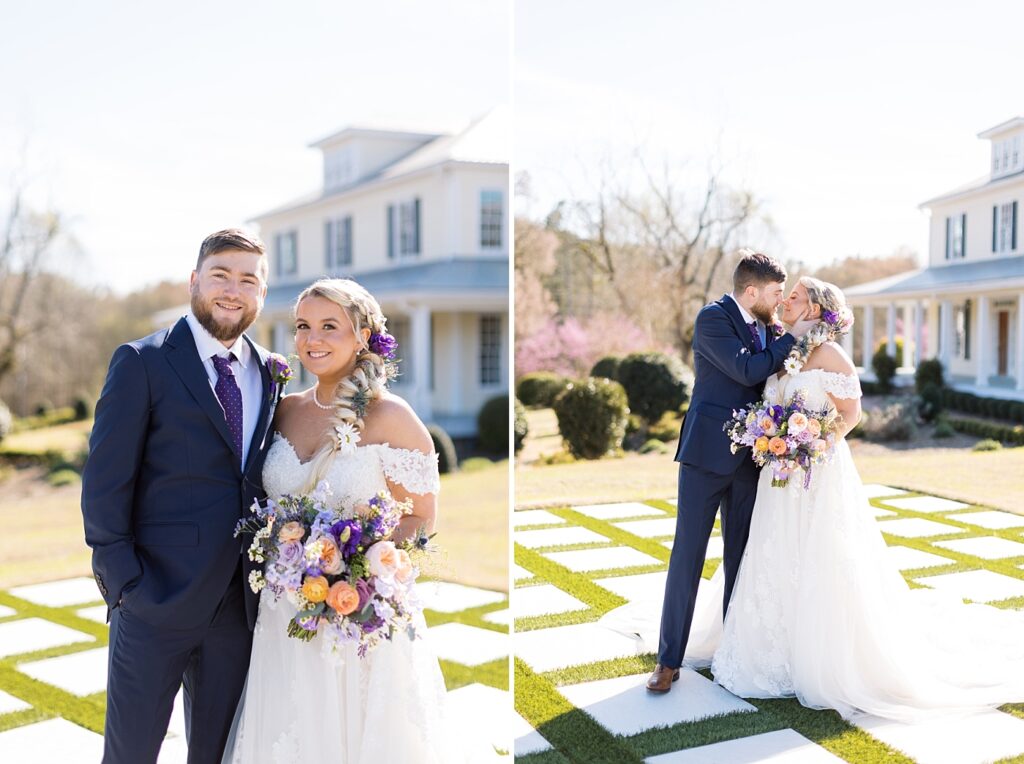 Bride and groom portraits on checkered lawn | Tangled Inspired Spring Wedding at Walnut Hill | Raleigh NC Wedding Photographer