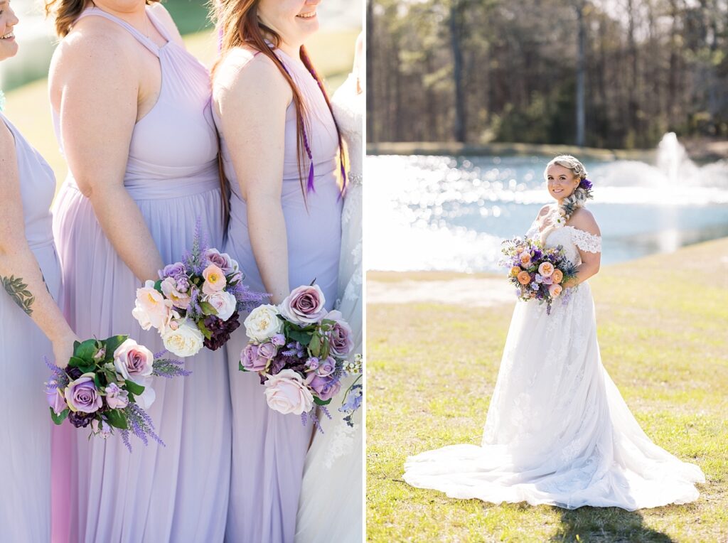 Bridal party bouquet details and bride in front of water | Tangled Inspired Spring Wedding at Walnut Hill | Raleigh NC Wedding Photographer