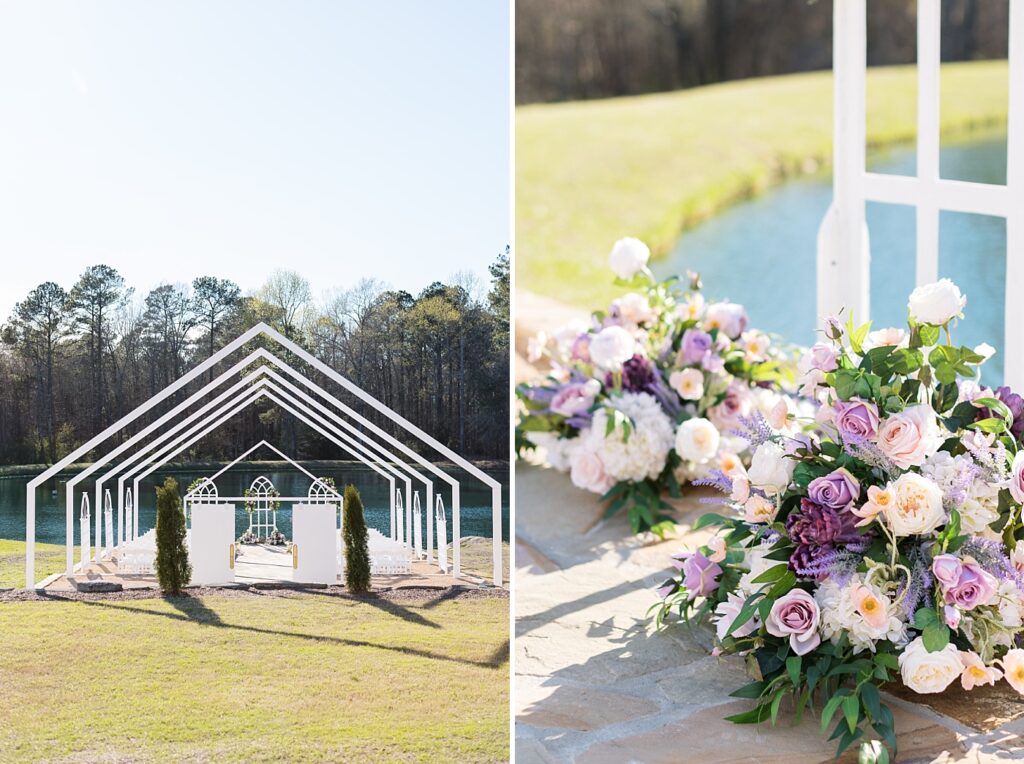 Ceremony location and ceremony wedding flower details | Tangled Inspired Spring Wedding at Walnut Hill | Raleigh NC Wedding Photographer
