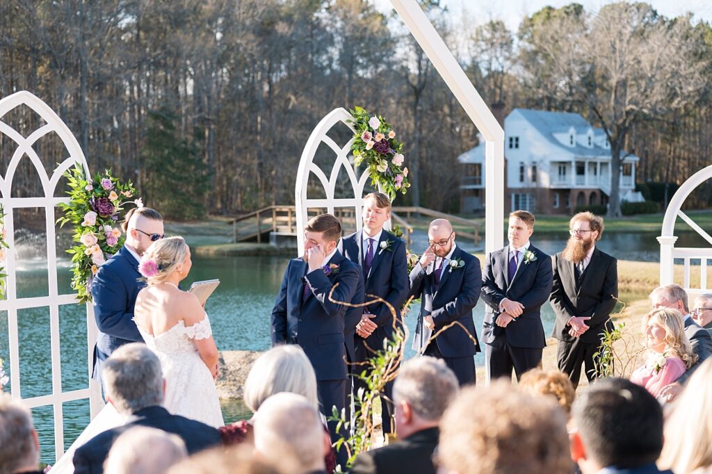 Groom and groomsmen reaction to brides vows | Tangled Inspired Spring Wedding at Walnut Hill | Raleigh NC Wedding Photographer