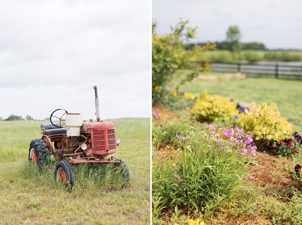 Rustic tractor and colorful flowers in garden | Amazing Graze Barn Wedding | Amazing Graze Barn Wedding Photographer | Raleigh NC Wedding Photographer