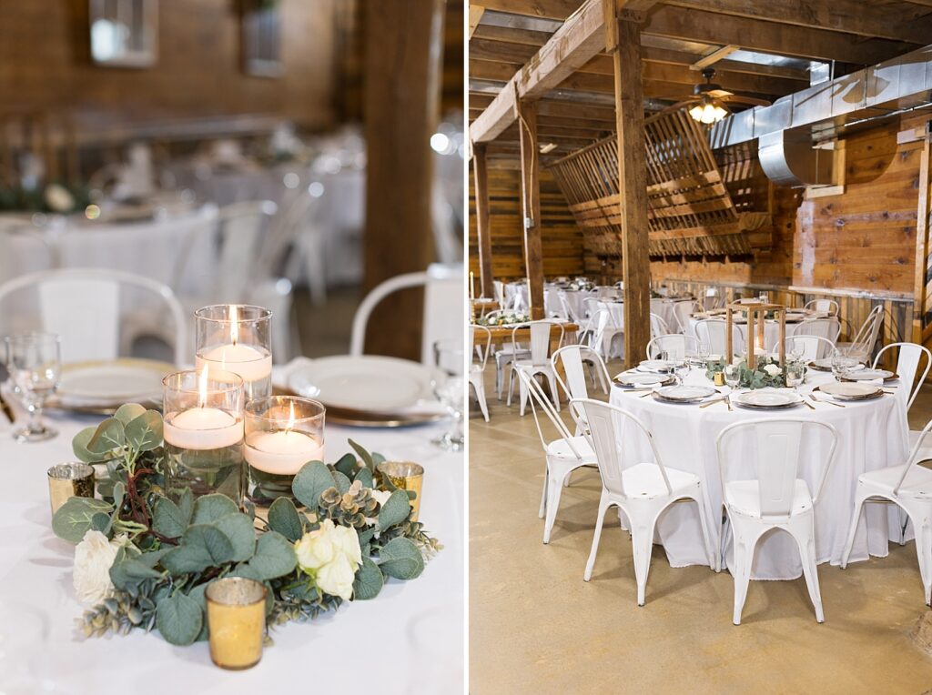 Wedding table décor with candles and white flowers | Amazing Graze Barn Wedding | Amazing Graze Barn Wedding Photographer