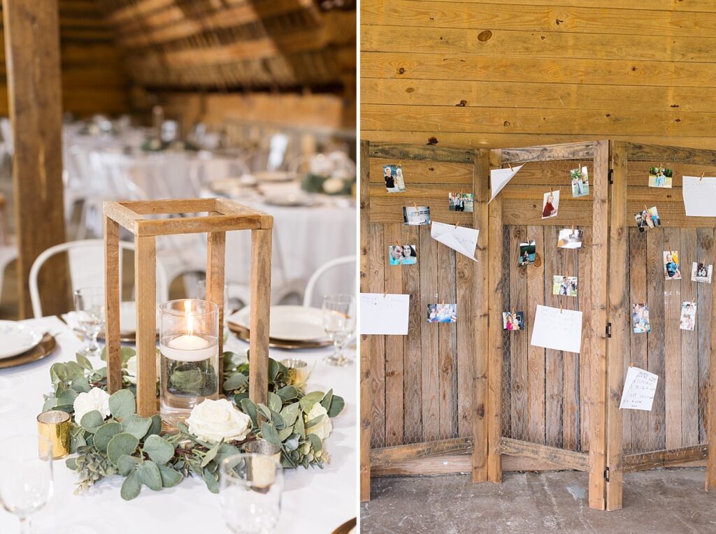 Photo display and table décor | Amazing Graze Barn Wedding | Amazing Graze Barn Wedding Photographer
