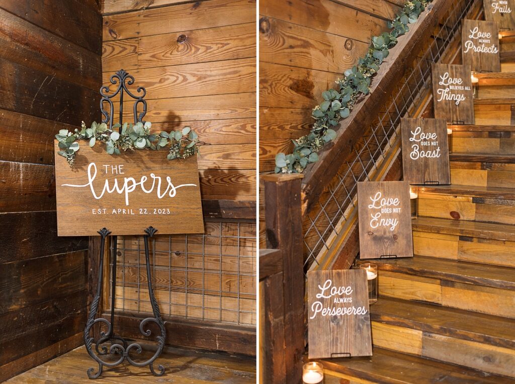 Venue details showing wooden signs with quotes | Amazing Graze Barn Wedding | Amazing Graze Barn Wedding Photographer