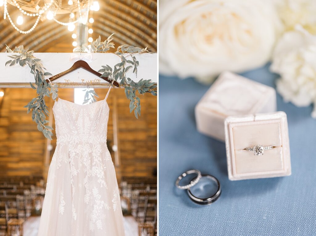 Bride's wedding dress hanging in barn and engagement ring in box | Amazing Graze Barn Wedding | Amazing Graze Barn Wedding Photographer
