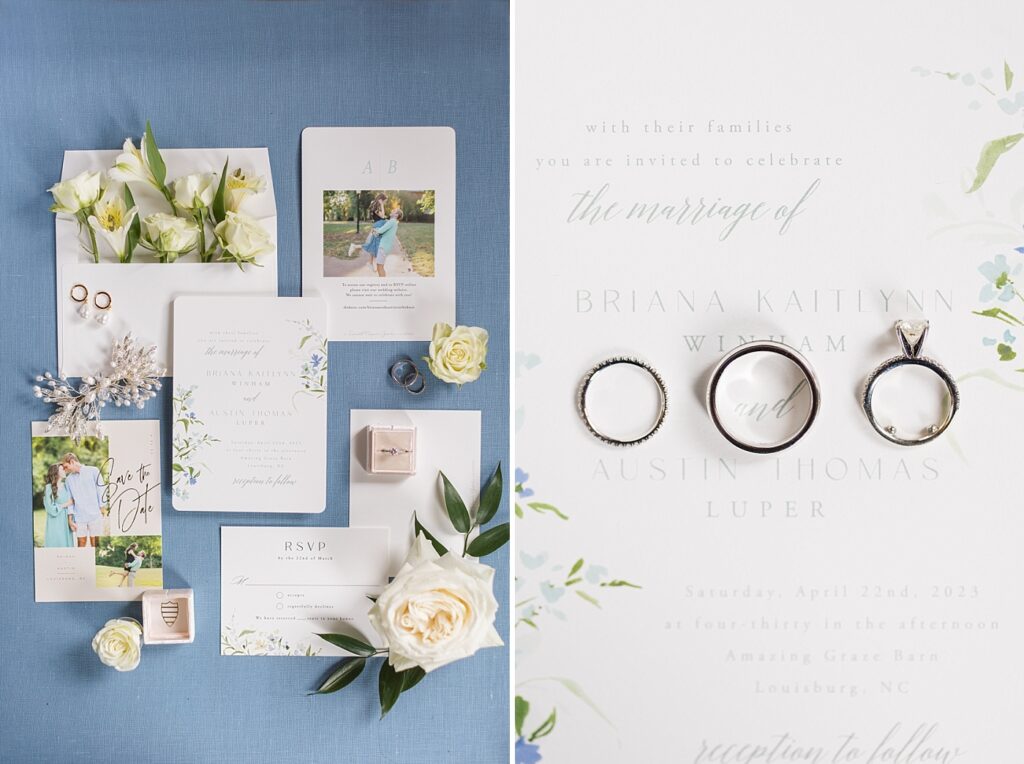 Wedding rings displayed on top of wedding invitations | Amazing Graze Barn Wedding | Amazing Graze Barn Wedding Photographer
