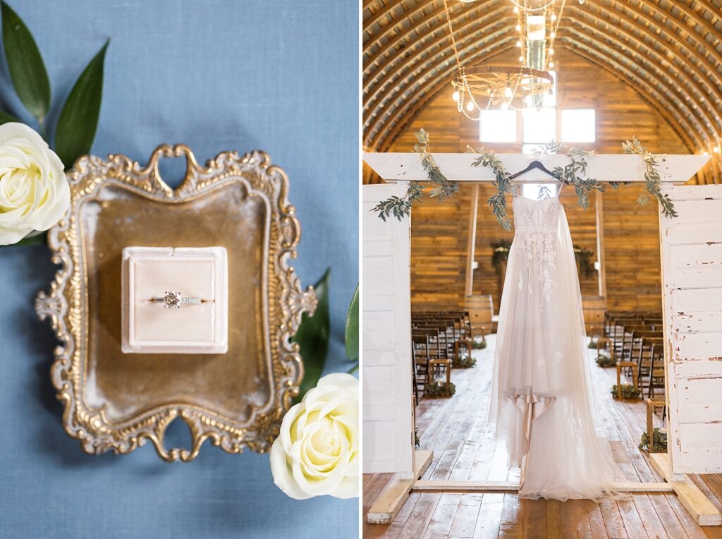 Engagement ring displayed on top of antique tray and wedding dress hanging in barn | Amazing Graze Barn Wedding | Amazing Graze Barn Wedding Photographer