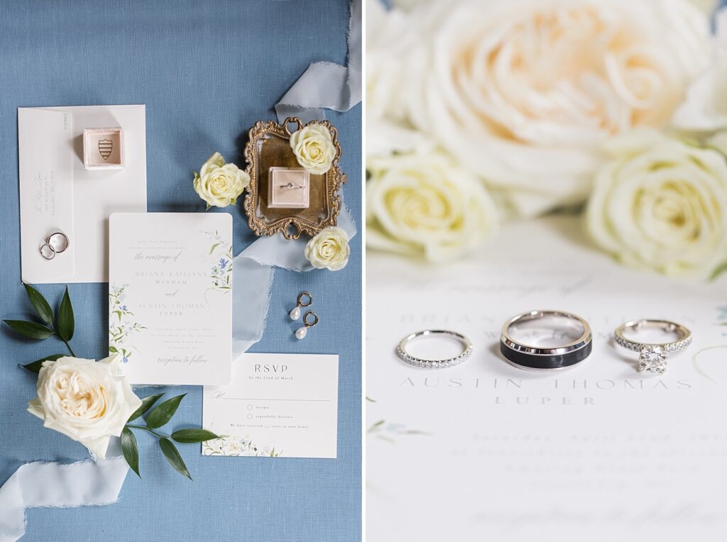 Wedding rings displayed on top of wedding invitations | Amazing Graze Barn Wedding | Amazing Graze Barn Wedding Photographer