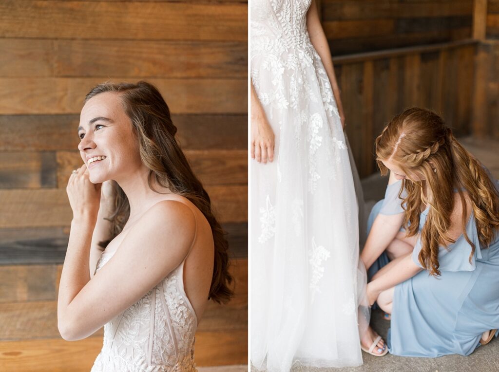 Bride putting on her earrings and bridesmaid helping put on bride's shoes | Amazing Graze Barn Wedding | Amazing Graze Barn Wedding Photographer