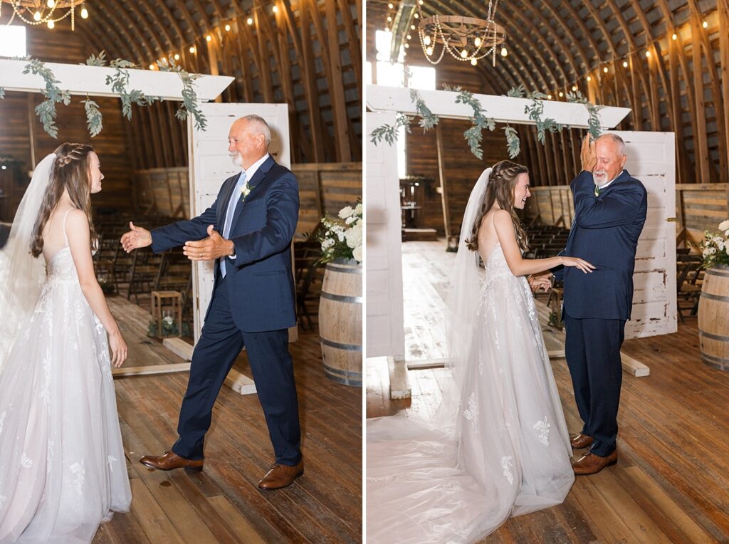 Father and bride first look walking towards each other | Amazing Graze Barn Wedding | Amazing Graze Barn Wedding Photographer