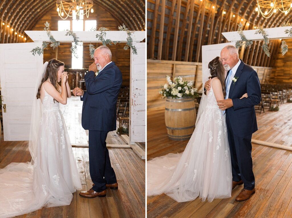 Father and bride embracing and wiping tears | Amazing Graze Barn Wedding | Amazing Graze Barn Wedding Photographer