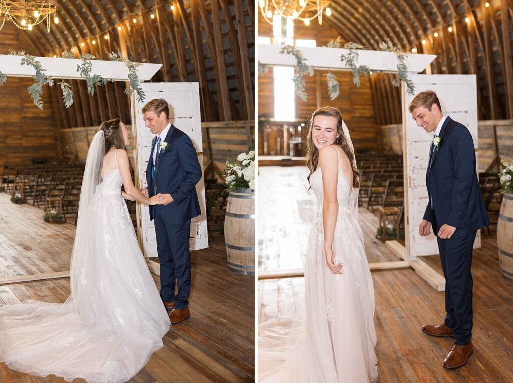 Bride and groom first look holding hands | Amazing Graze Barn Wedding | Amazing Graze Barn Wedding Photographer