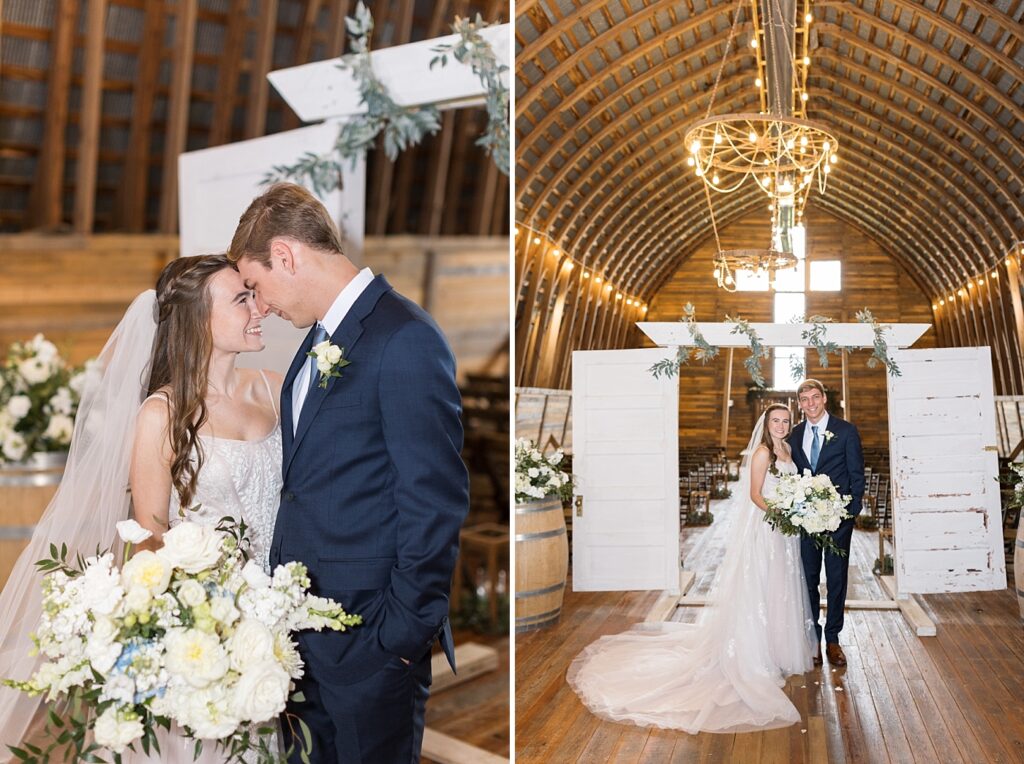 Bride and groom first look with bridal bouquet | Amazing Graze Barn Wedding | Amazing Graze Barn Wedding Photographer