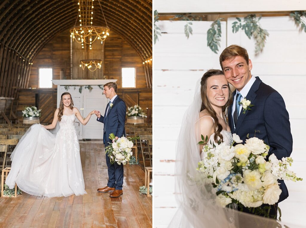 Bride and groom in barn holding hands | Amazing Graze Barn Wedding | Amazing Graze Barn Wedding Photographer
