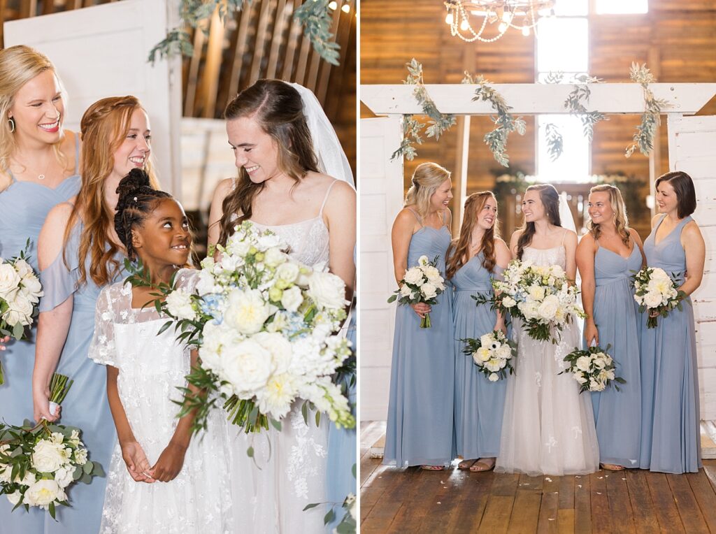 Bride and bridesmaids smiling in barn with bouquets | Amazing Graze Barn Wedding | Amazing Graze Barn Wedding Photographer