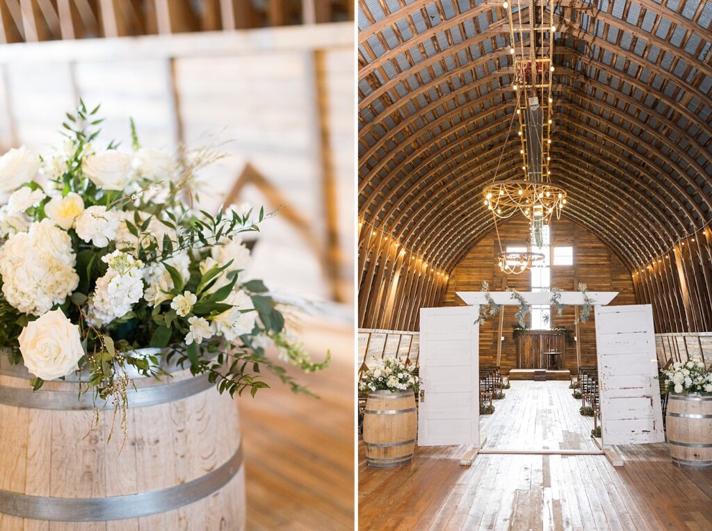 Ceremony white flowers and chandelier | Amazing Graze Barn Wedding | Amazing Graze Barn Wedding Photographer