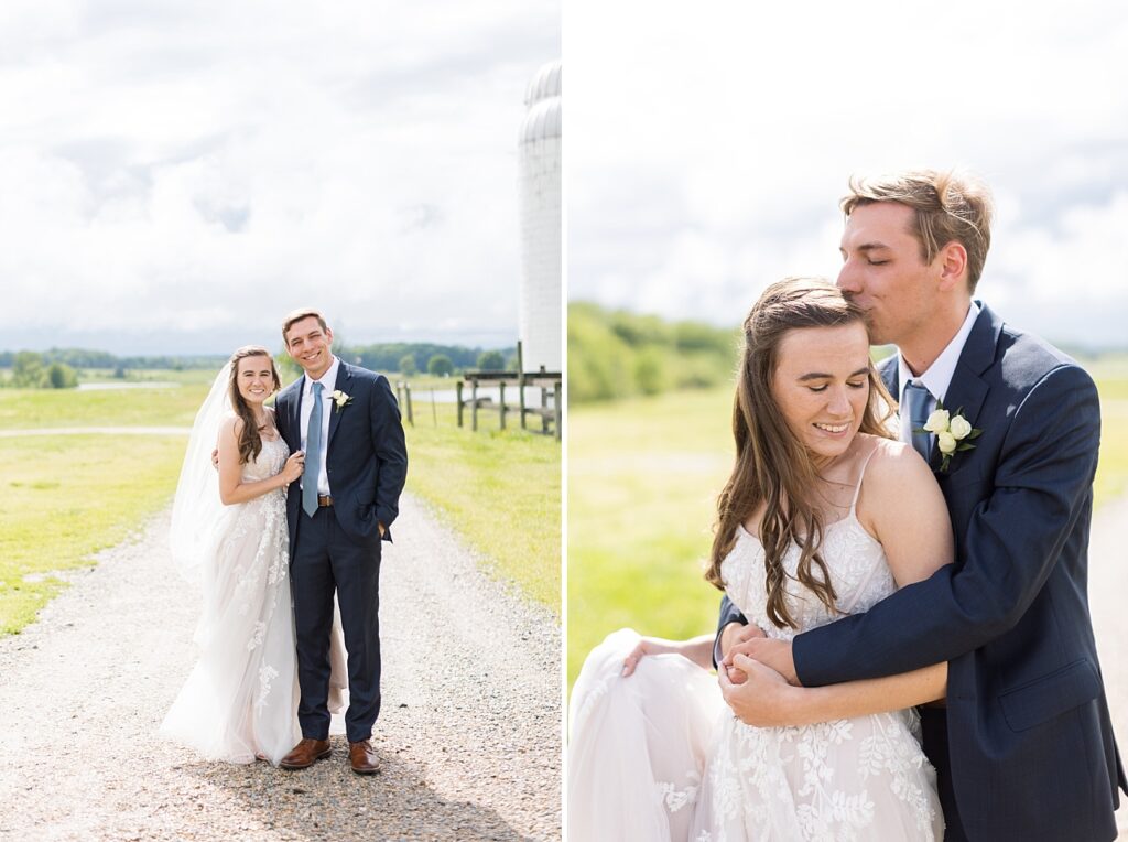 Bride and groom first embracing outside barn | Amazing Graze Barn Wedding | Amazing Graze Barn Wedding Photographer