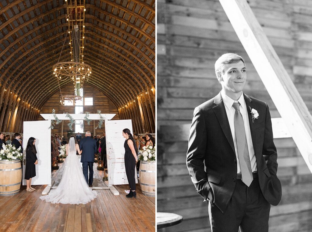 Bride and her father walking down the aisle and groom's reaction | Amazing Graze Barn Wedding | Amazing Graze Barn Wedding Photographer