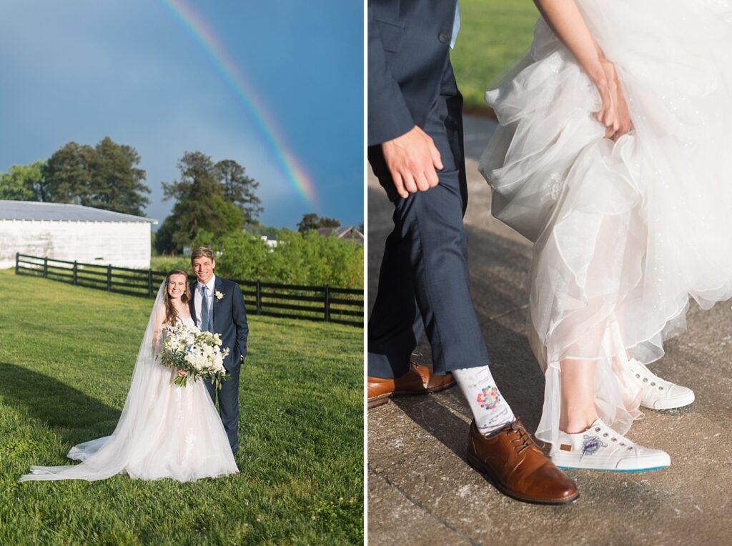 Bride and groom outside with a rainbow in background and wedding shoes | Amazing Graze Barn Wedding | Amazing Graze Barn Wedding Photographer