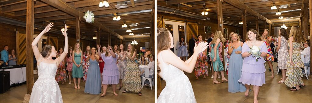 Bride tossing her bouquet | Amazing Graze Barn Wedding | Amazing Graze Barn Wedding Photographer