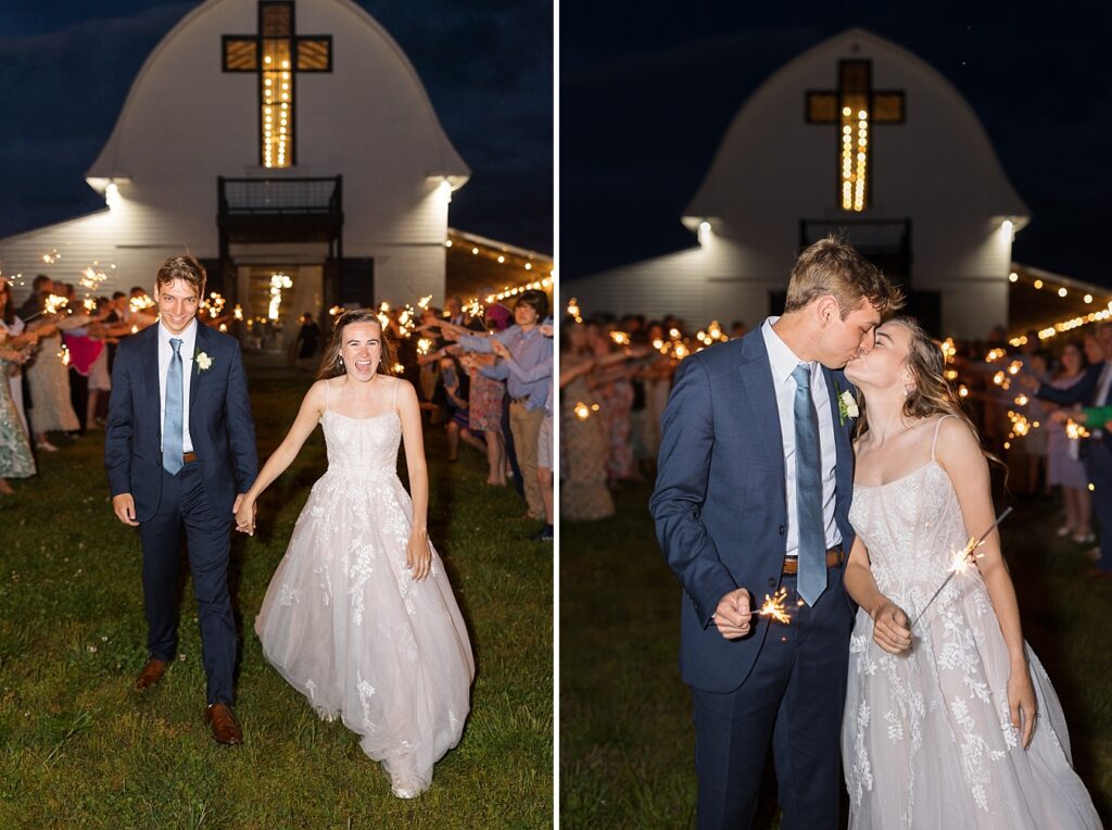 Bride and groom kissing during sparkler exit | Amazing Graze Barn Wedding | Amazing Graze Barn Wedding Photographer