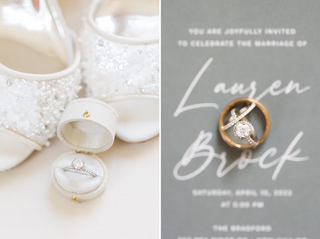Engagement ring in cream ring box next to bridal shoes | The Bradford Wedding | The Bradford Wedding Photographer 
