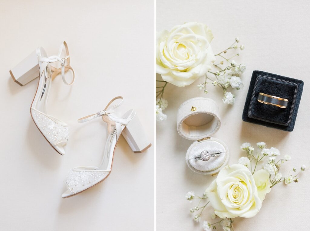 Bridal shoe inspiration | Bride and groom wedding rings with flower display | The Bradford Wedding | The Bradford Wedding Photographer 