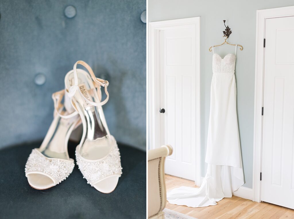 Bride's shoes and bride's wedding dress hanging from hook on wall | The Bradford Wedding | The Bradford Wedding Photographer 