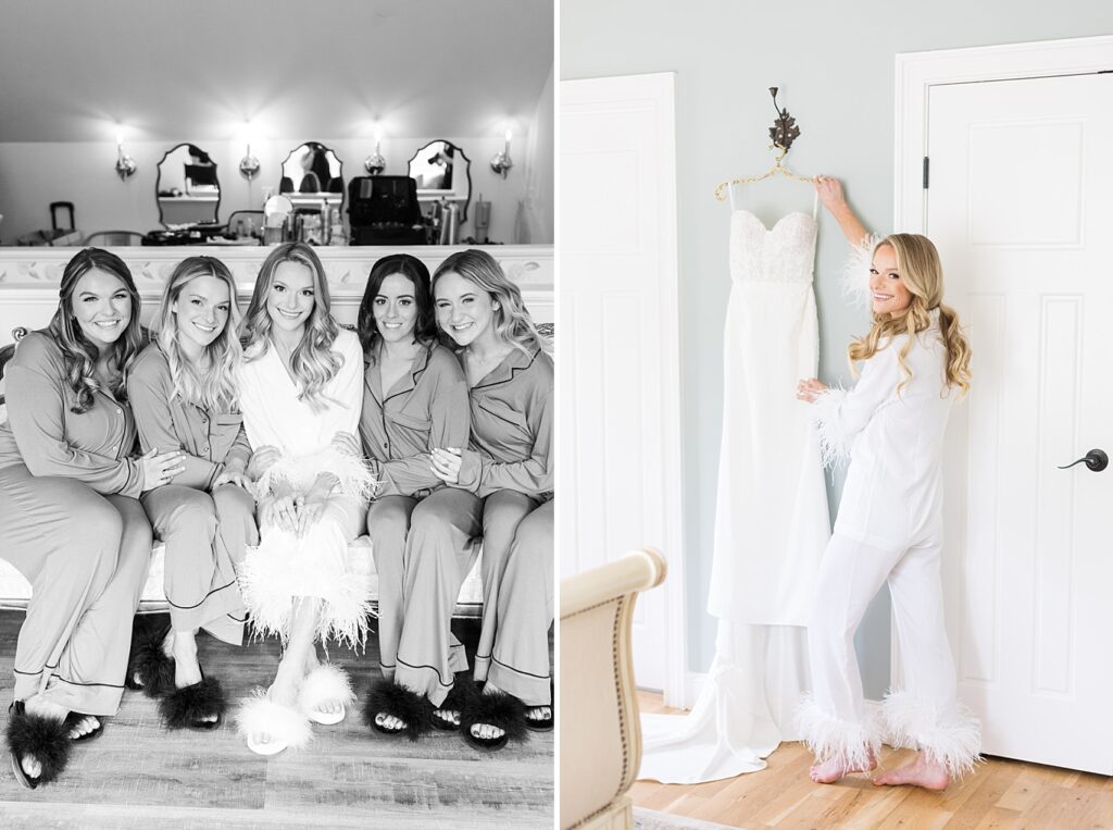Bride with her bridesmaids in pajamas | bride holding her wedding dress | The Bradford Wedding | The Bradford Wedding Photographer 