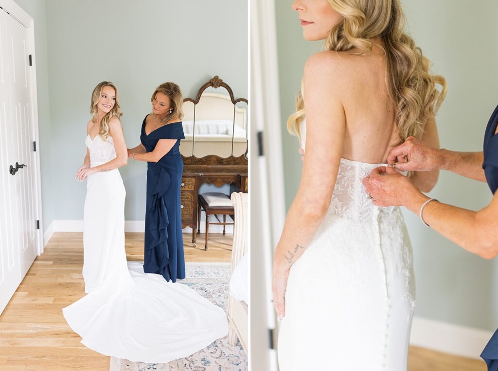 Mother of the bride zipping up bride's dress | The Bradford Wedding | The Bradford Wedding Photographer 