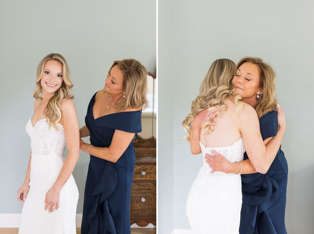 Mother of the bride zipping up bride's dress and bride and her mom hugging | The Bradford Wedding | The Bradford Wedding Photographer 