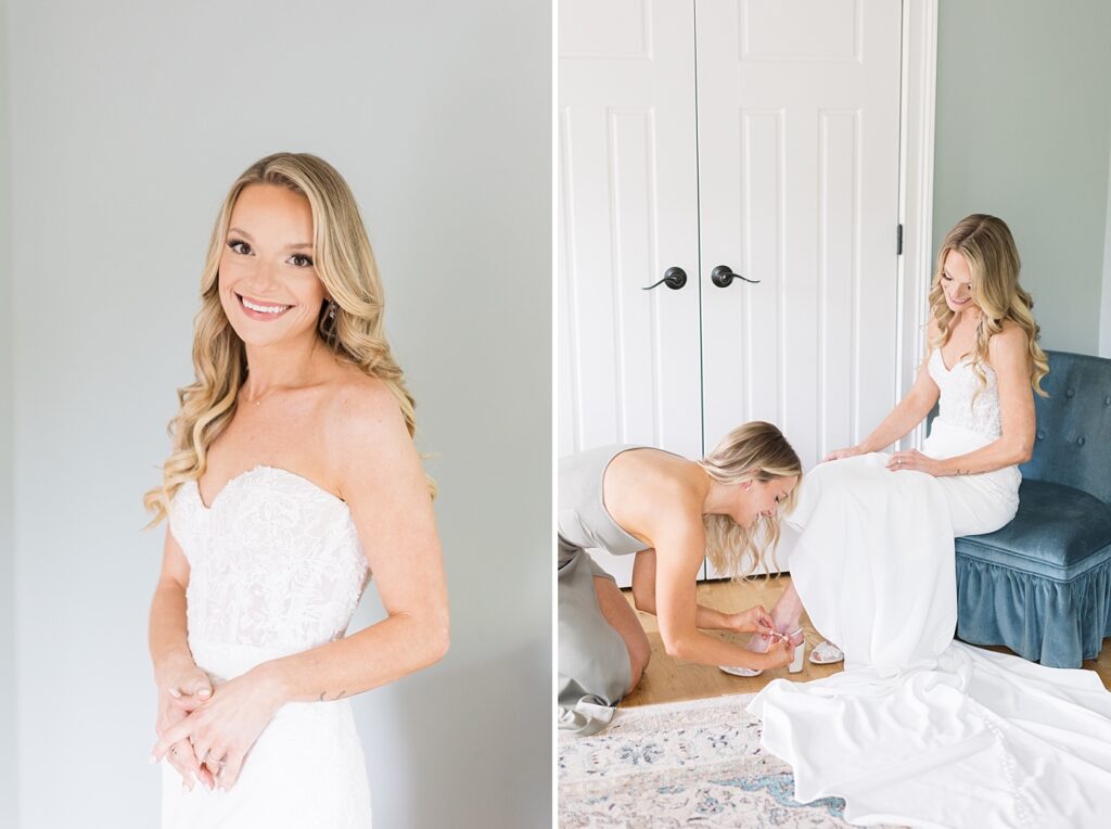 Bride's sister helping put on bride's shoes | The Bradford Wedding | The Bradford Wedding Photographer