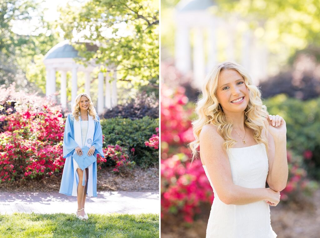 Graduation photos at the Old Well | Raleigh Senior Photographer | Chapel Hill Senior Photographer | Graduation photos in front of blooming flowers