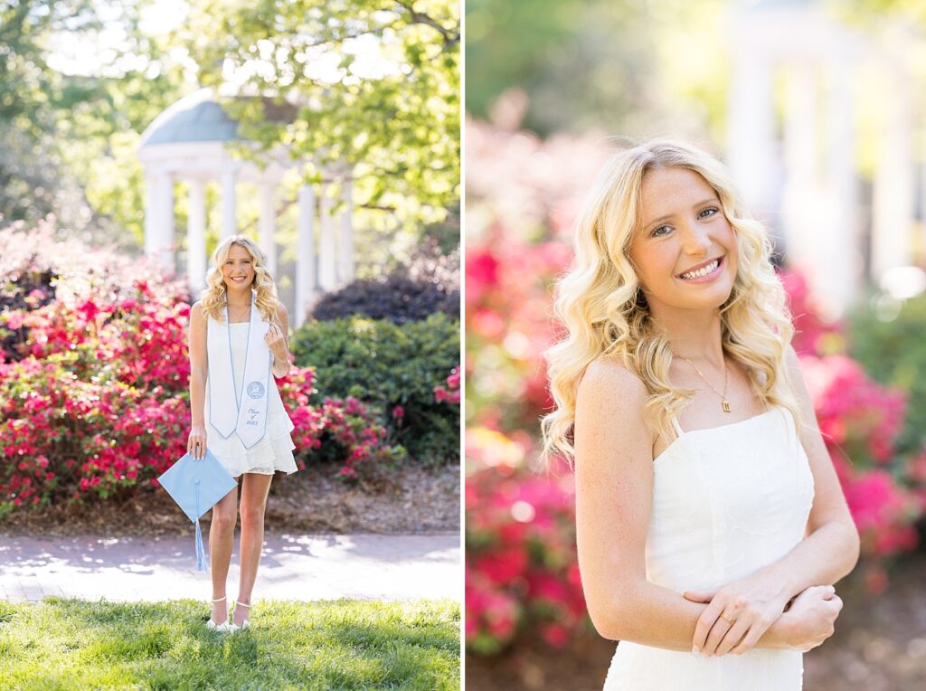 Graduation photos at the Old Well | Raleigh Senior Photographer | Chapel Hill Senior Photographer | Graduation photos in front of blooming flowers