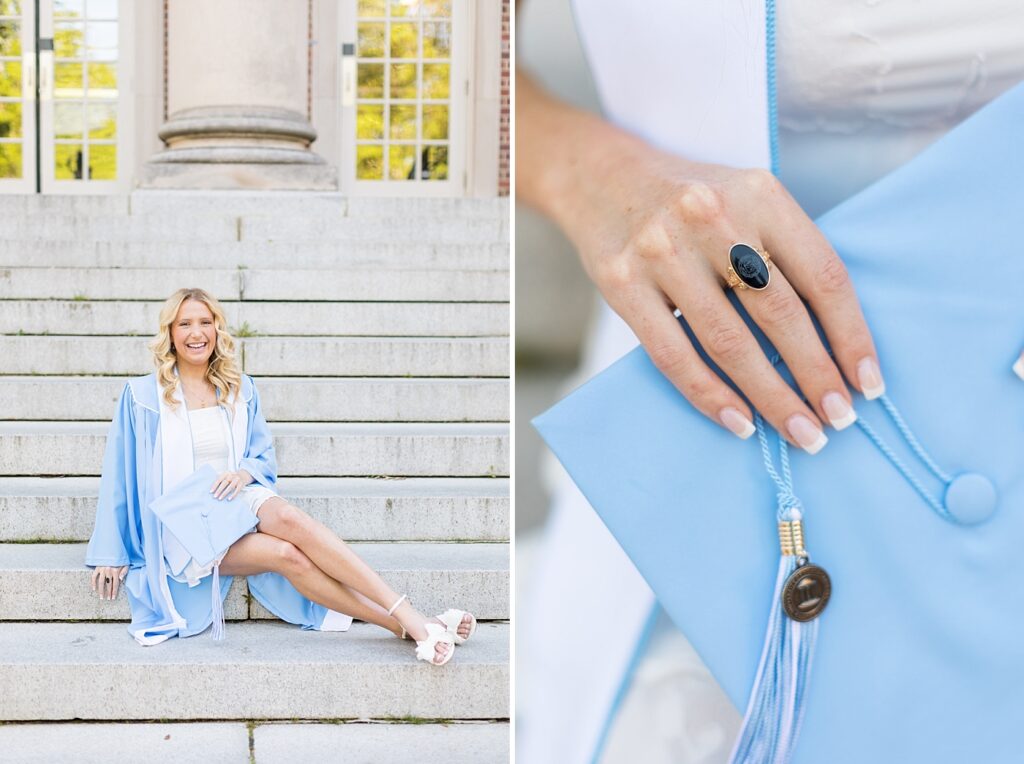 Graduation photos in front of Wilson Library | Raleigh Senior Photographer | Chapel Hill Senior Photographer | Graduation cap details showing off ring