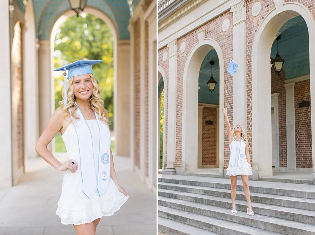 UNC Grad Photos at the Bell Tower | Raleigh Senior Photographer | Chapel Hill Senior Photographer | Throwing graduation cap into the air