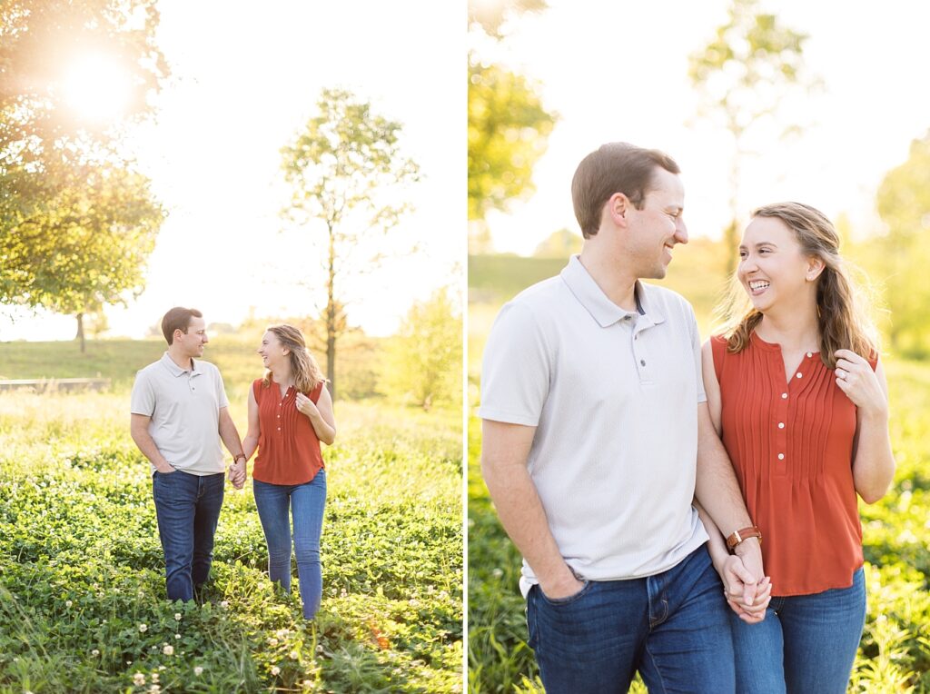 Engaged couple holding hands in open field | Spring engagement photos | Raleigh NC Engagement Photographer | Raleigh NC Museum of Art Engagement Session