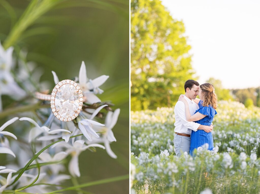 Spring engagement session in white flower field and engagement ring close-up | Raleigh NC Engagement Photographer | Raleigh NC Museum of Art Engagement Session