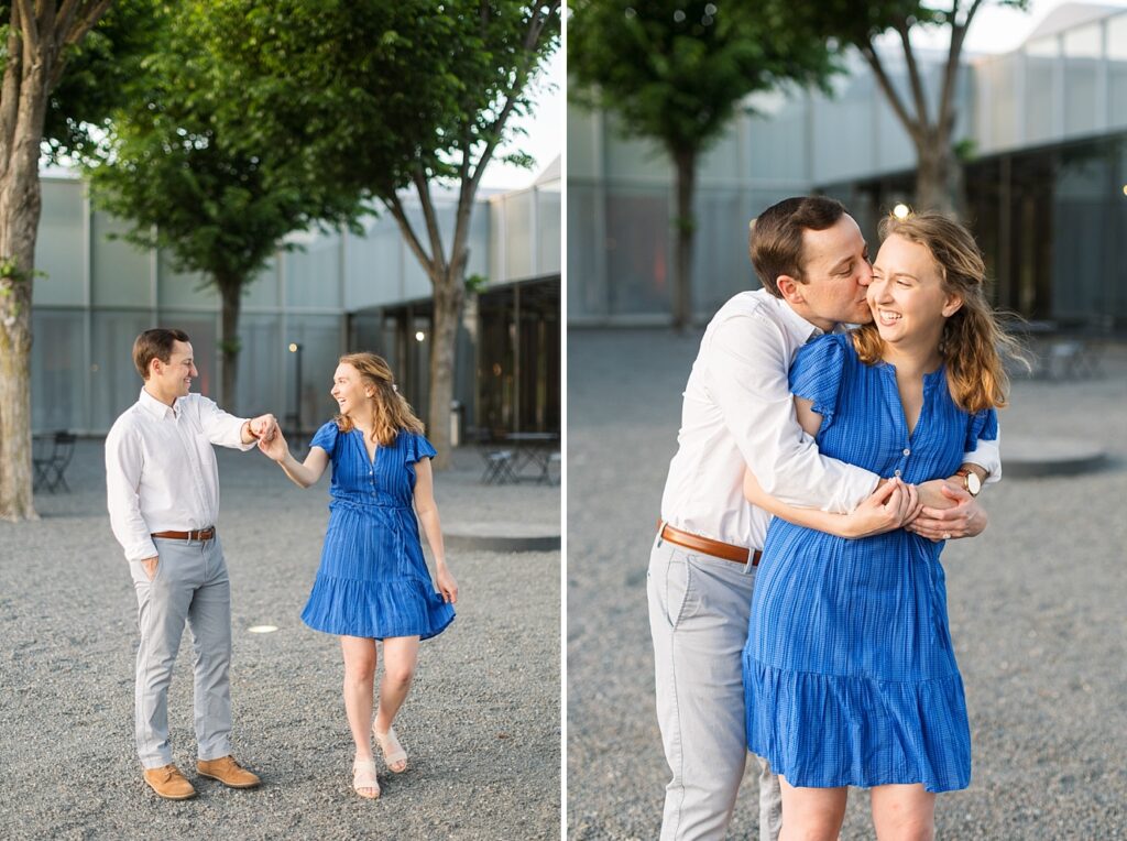 Couple laughing and dancing in front of Art Museum | Spring engagement photos | Raleigh NC Engagement Photographer | Raleigh NC Museum of Art Engagement Session