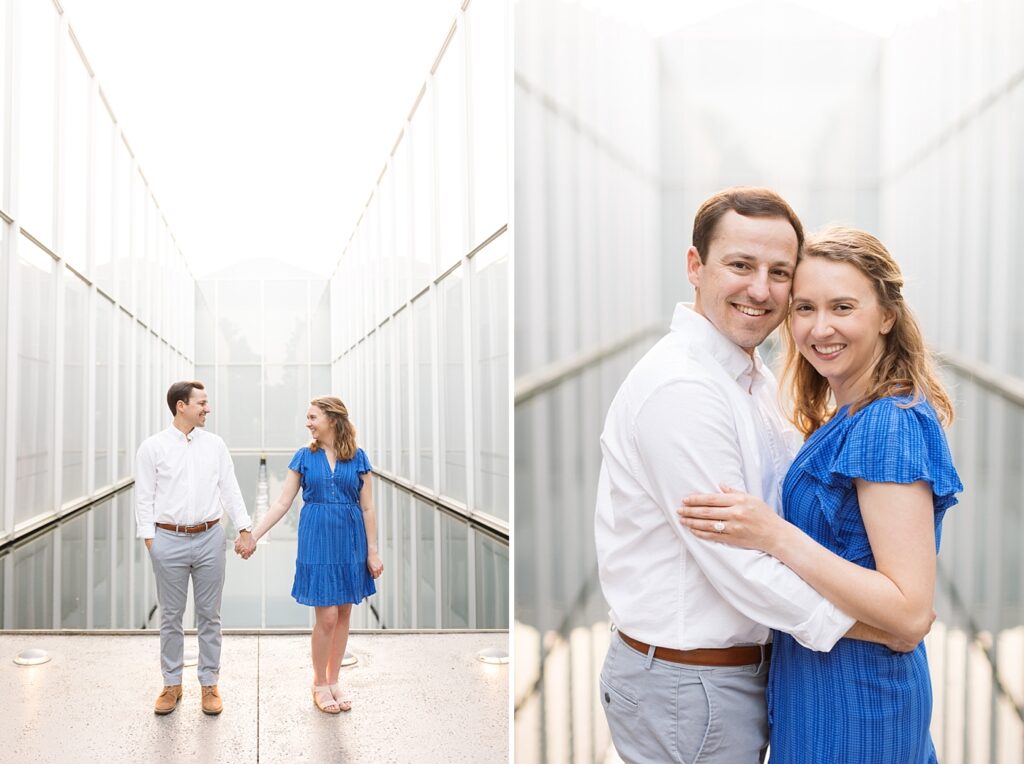 Couple holding hands in front of reflecting pool | Spring engagement photos | Raleigh NC Engagement Photographer | Raleigh NC Museum of Art Engagement Session