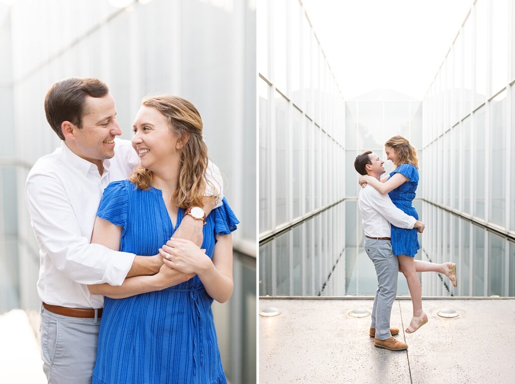 Couple embracing each other and smiling in front of reflecting pool | Spring engagement photos | Raleigh NC Engagement Photographer | Raleigh NC Museum of Art Engagement Session