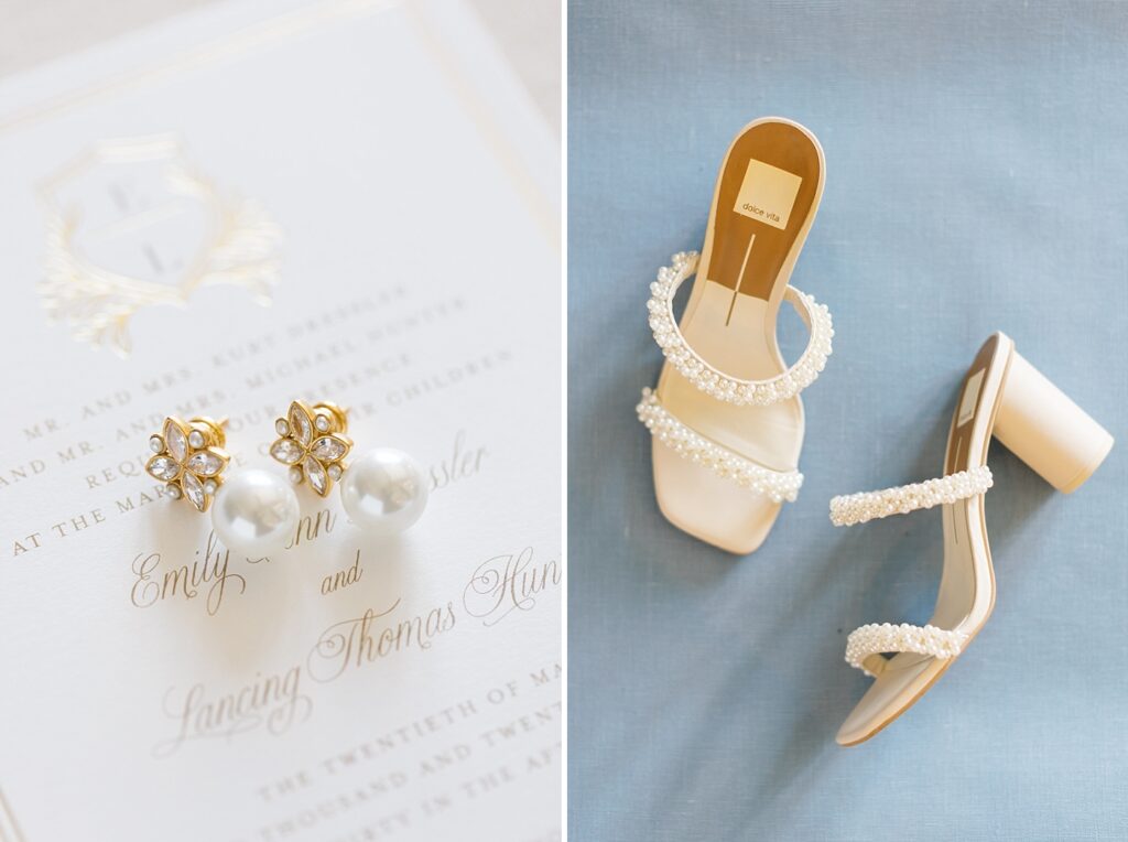 Bride's earrings displayed on top of wedding invitations and bride's wedding shoes | The Evermore Wedding | The Evermore Wedding Photographer | Raleigh NC Wedding Photographer