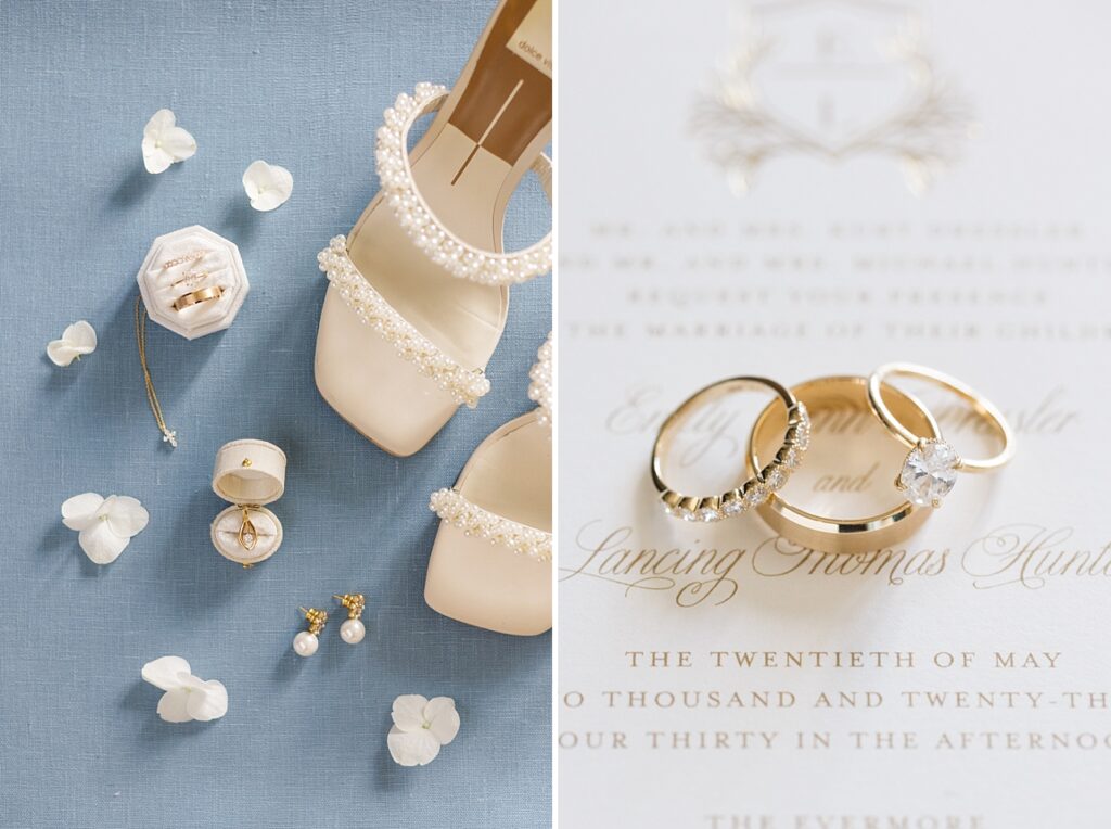 Wedding rings displayed on top of wedding invitations and bride's wedding shoes and jewelry | The Evermore Wedding | The Evermore Wedding Photographer | Raleigh NC Wedding Photographer