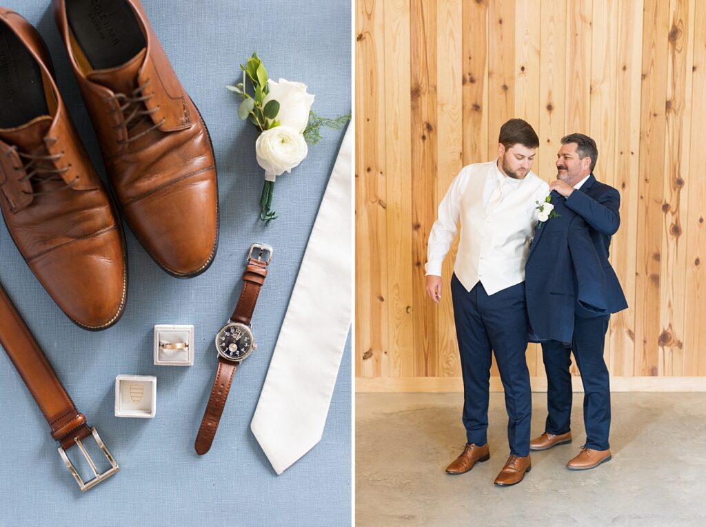 Groom's wedding shoes and accessories displayed on top of blue fabric and groom's dad helping groom put on suit jacket | The Evermore Wedding | The Evermore Wedding Photographer | Raleigh NC Wedding Photographer