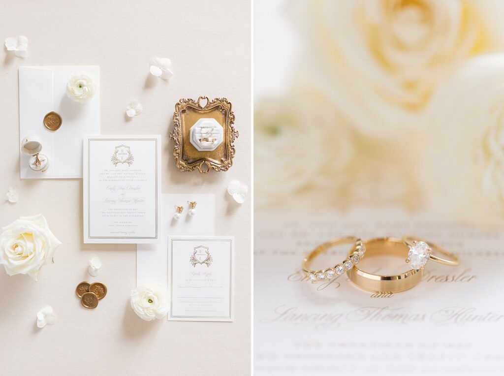 Wedding rings displayed on top of wedding invitation and white flower décor | The Evermore Wedding | The Evermore Wedding Photographer | Raleigh NC Wedding Photographer