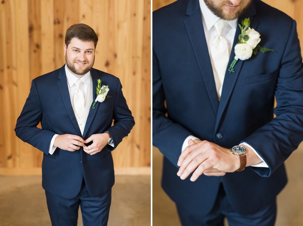 Groom buttoning his suit jacket and looking at his watch | The Evermore Wedding | The Evermore Wedding Photographer | Raleigh NC Wedding Photographer