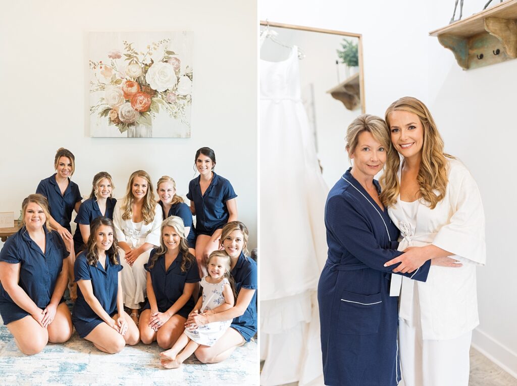 Bride in pjs with her bridesmaids and mom and bride posing in their robes | The Evermore Wedding | The Evermore Wedding Photographer | Raleigh NC Wedding Photographer