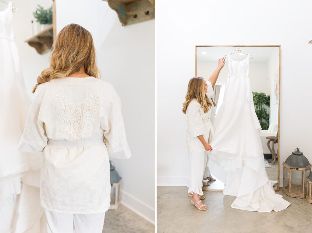 Bride's pajama top details and bride holding wedding dress | The Evermore Wedding | The Evermore Wedding Photographer | Raleigh NC Wedding Photographer